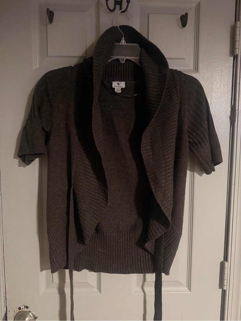 Short-Sleeve Shawl Collar Cardigan in Dark Brown